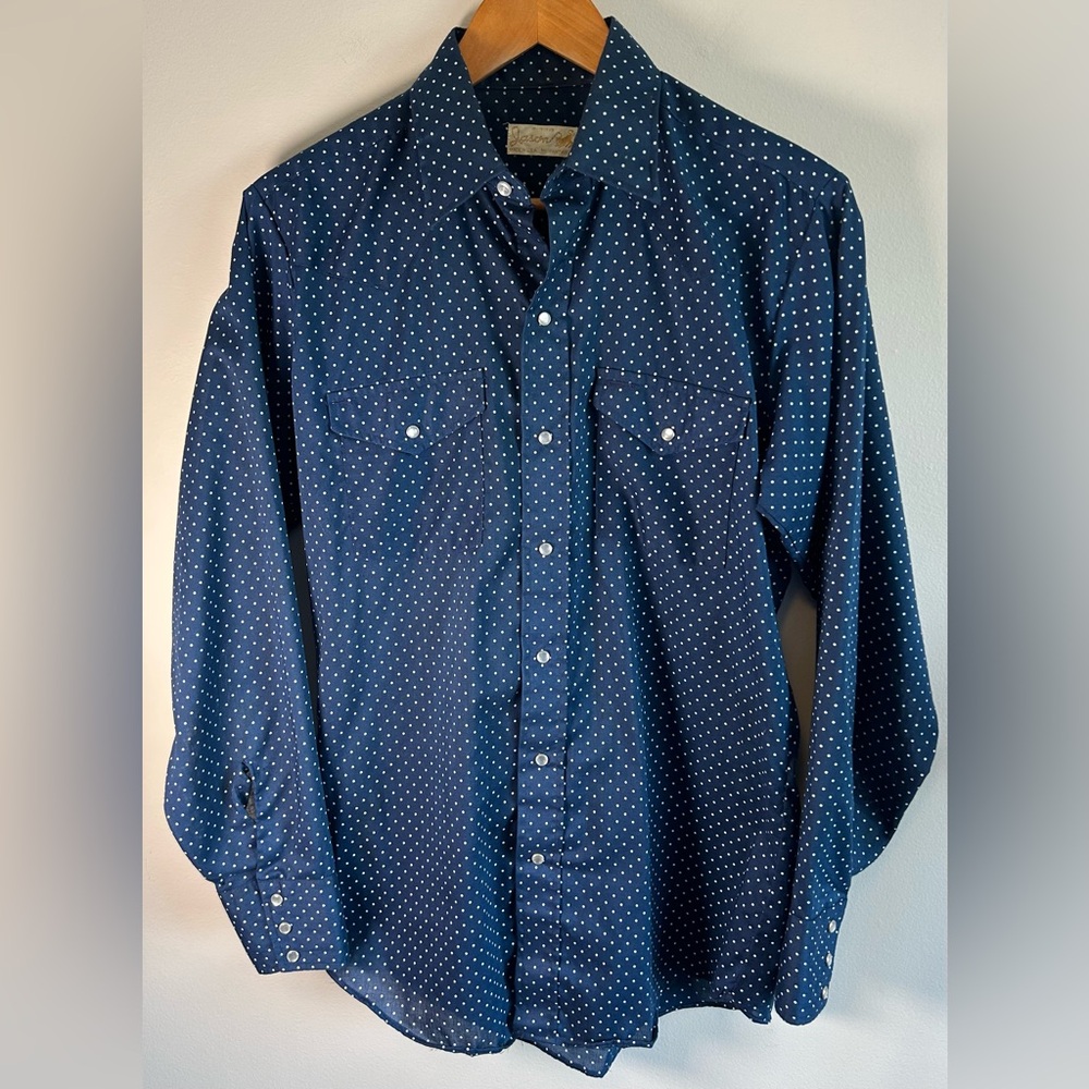 Jason by Fantasia Mens Button Down Shirt Navy Poka Dot Western Pearl Snap Cowboy
